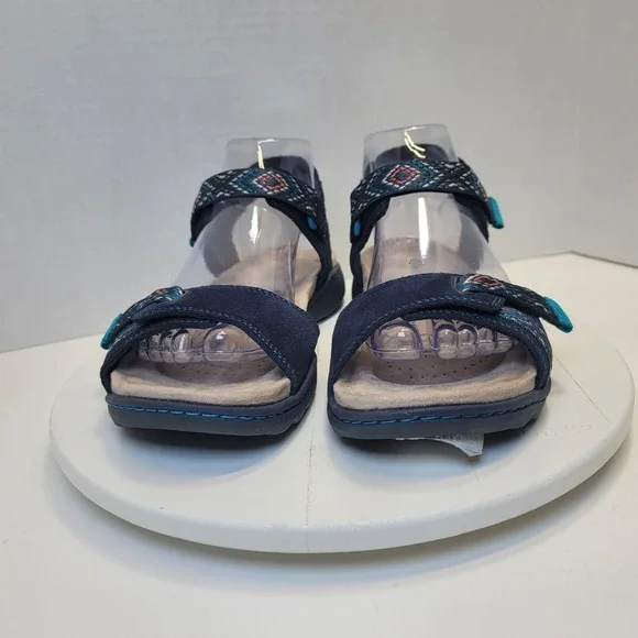 Clarks Flats Sandal Shoes Amanda Sprint Blue Suede Comfort Sporty Strap - Picture 5 of 14